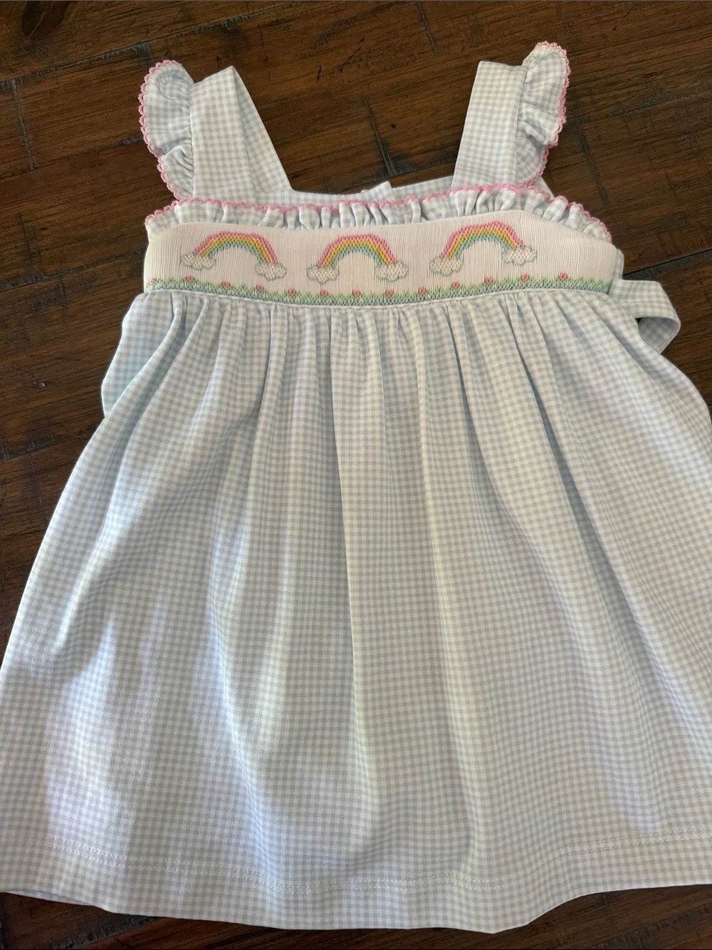 Smocked Rainbow Gingham Sun Dress for Kids - Light Blue